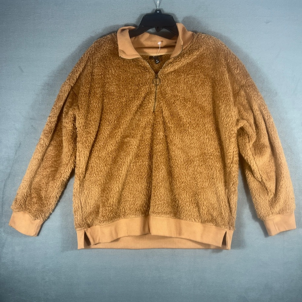 a.n.a Womens Pullover XL Brown Solid Relaxed Long Sleeve Quarter Zip Sherpa